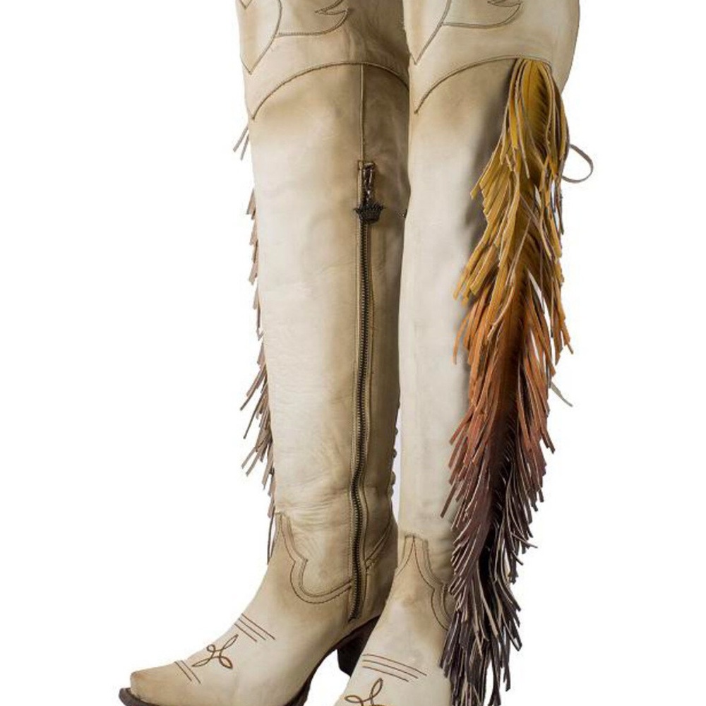 Stylish Fringe Over the Knee Boots - Cream